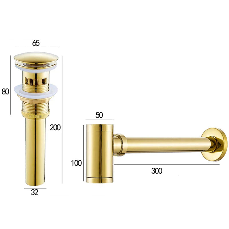 Brass Basin Wast Drain P-trap for Bathroom Sink - Black/Brushed Gold/Chrome