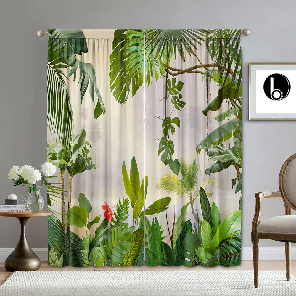 Tropical Leaf Gauze Curtain for Kitchen, Living Room, Balcony, Garden
