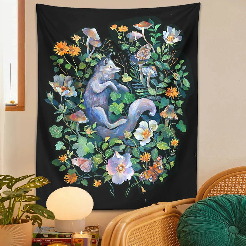 Botanical Floral Garden Tapestry Wall Hanging Fox Wildflower Hippie Psychedelic Home Decor