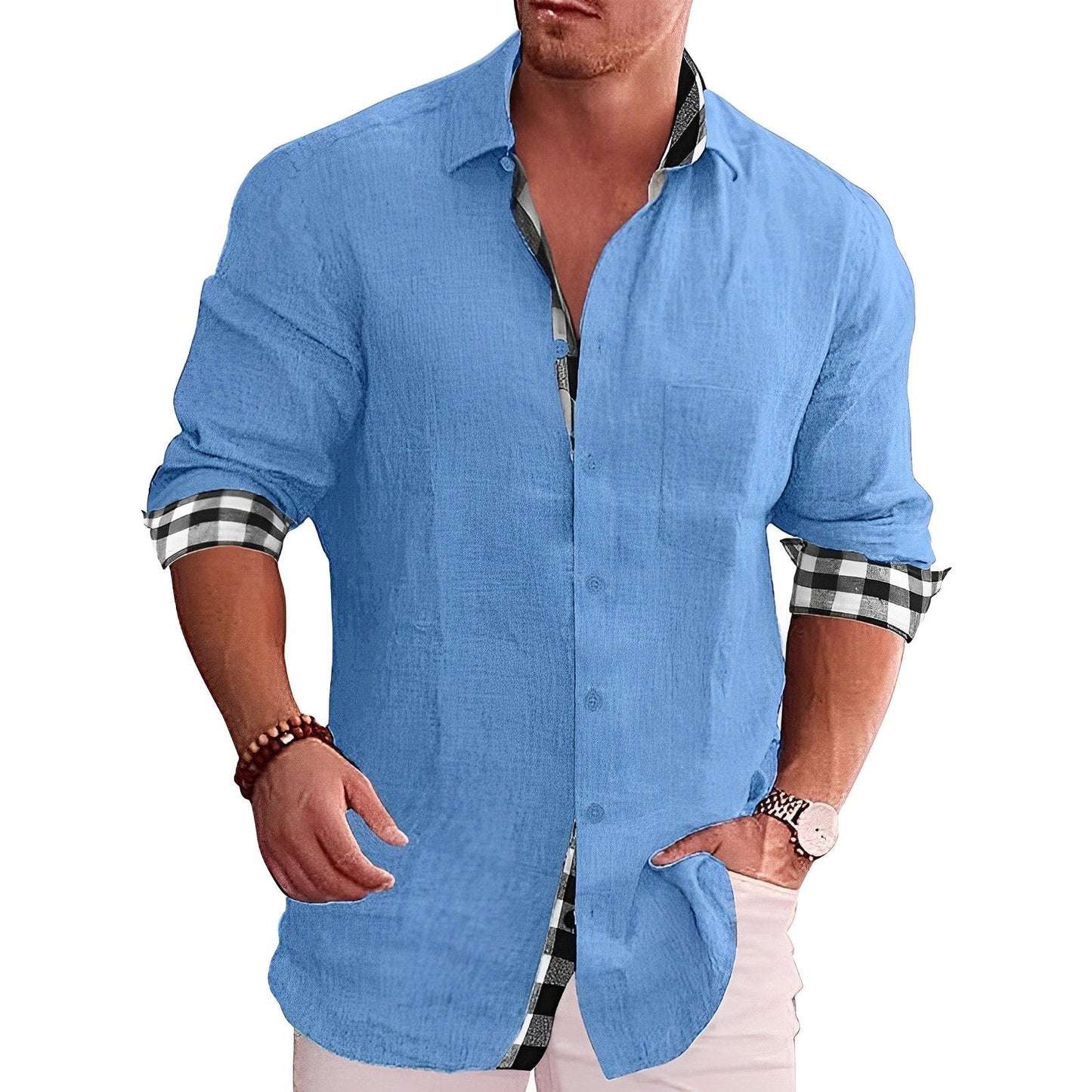 Zakenda | Chemise décontractée pour homme avec détails contrastés et manches roulées