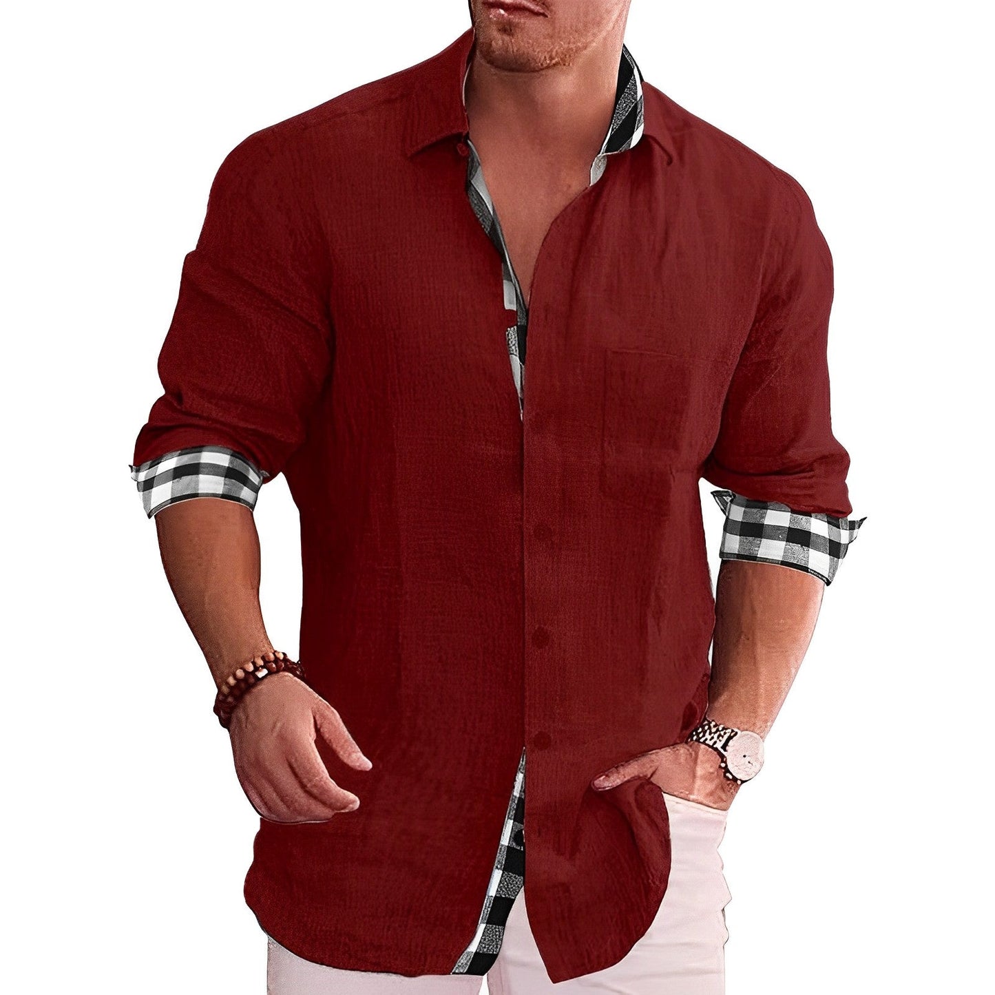 Zakenda | Chemise décontractée pour homme avec détails contrastés et manches roulées