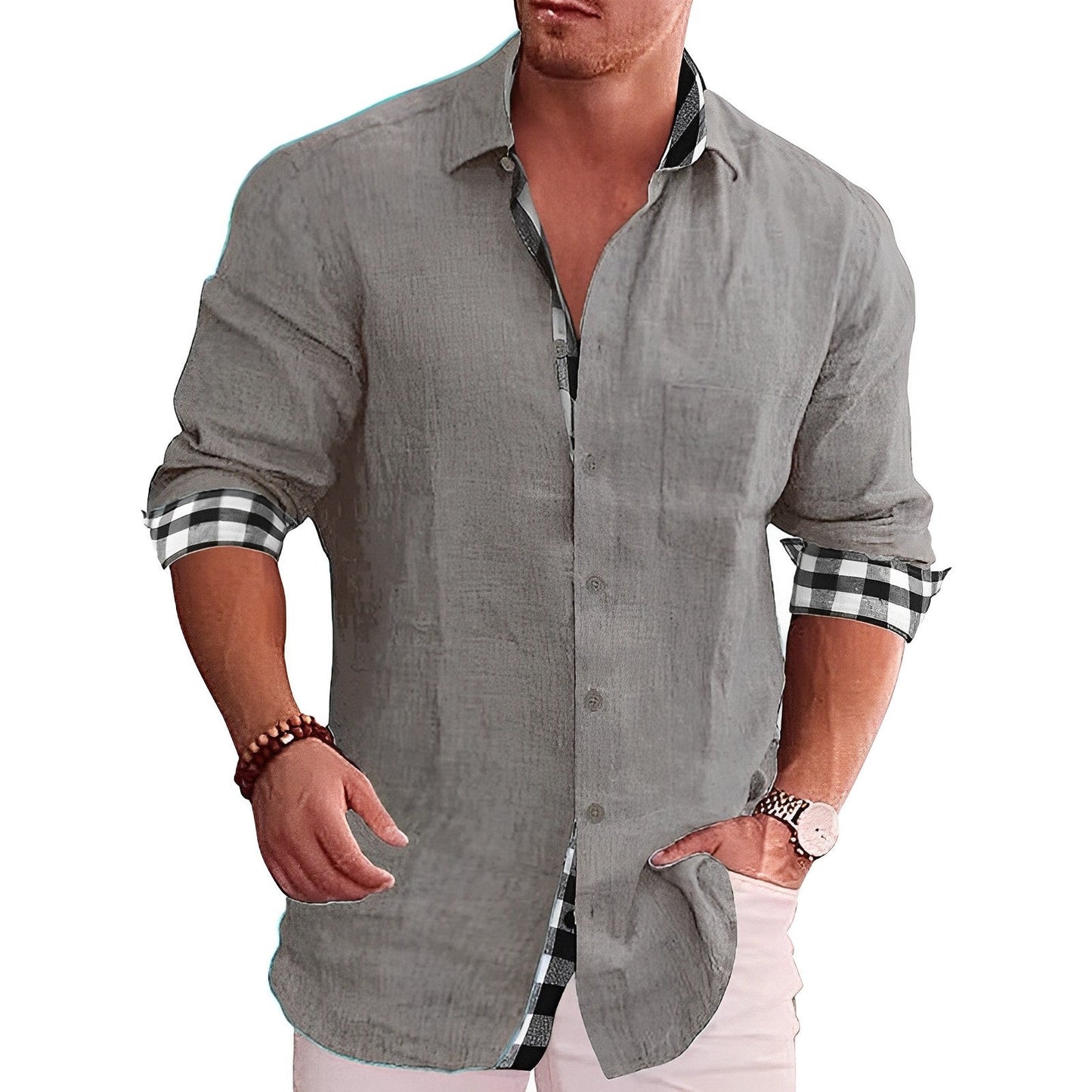 Zakenda | Chemise décontractée pour homme avec détails contrastés et manches roulées