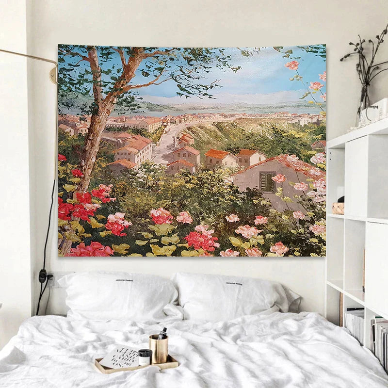 Rose Garden Tapestry Retro Oil Painting Wall Cloth for Bedroom Decor