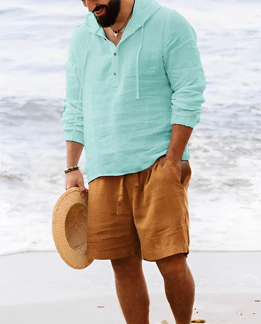 Zakenda | Chemise en lin pour homme avec col Henley et manches longues