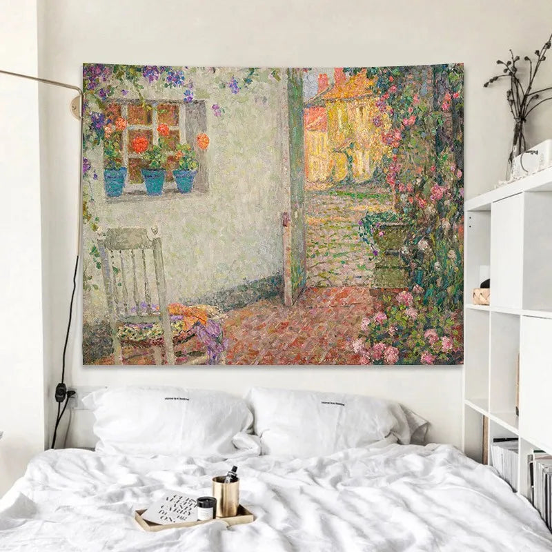 Rose Garden Tapestry Retro Oil Painting Wall Cloth for Bedroom Decor