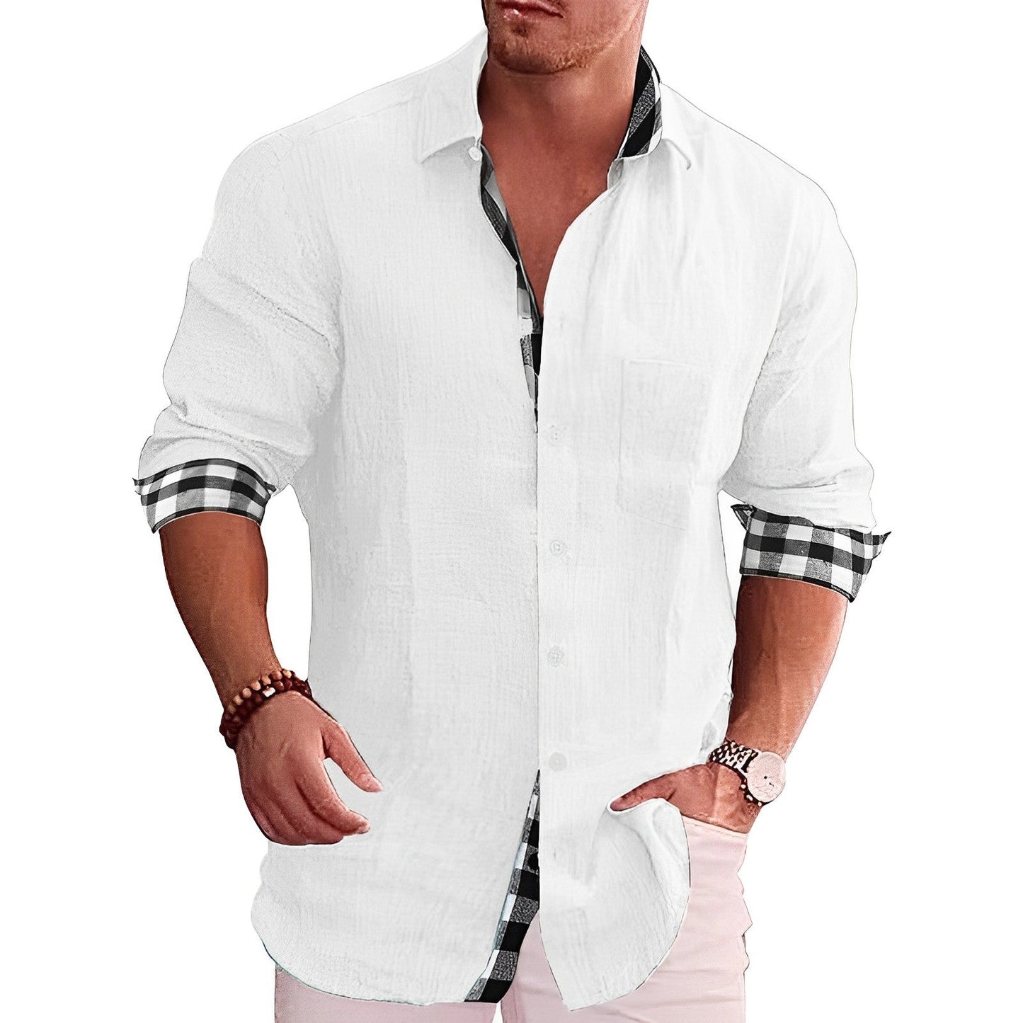 Zakenda | Chemise décontractée pour homme avec détails contrastés et manches roulées