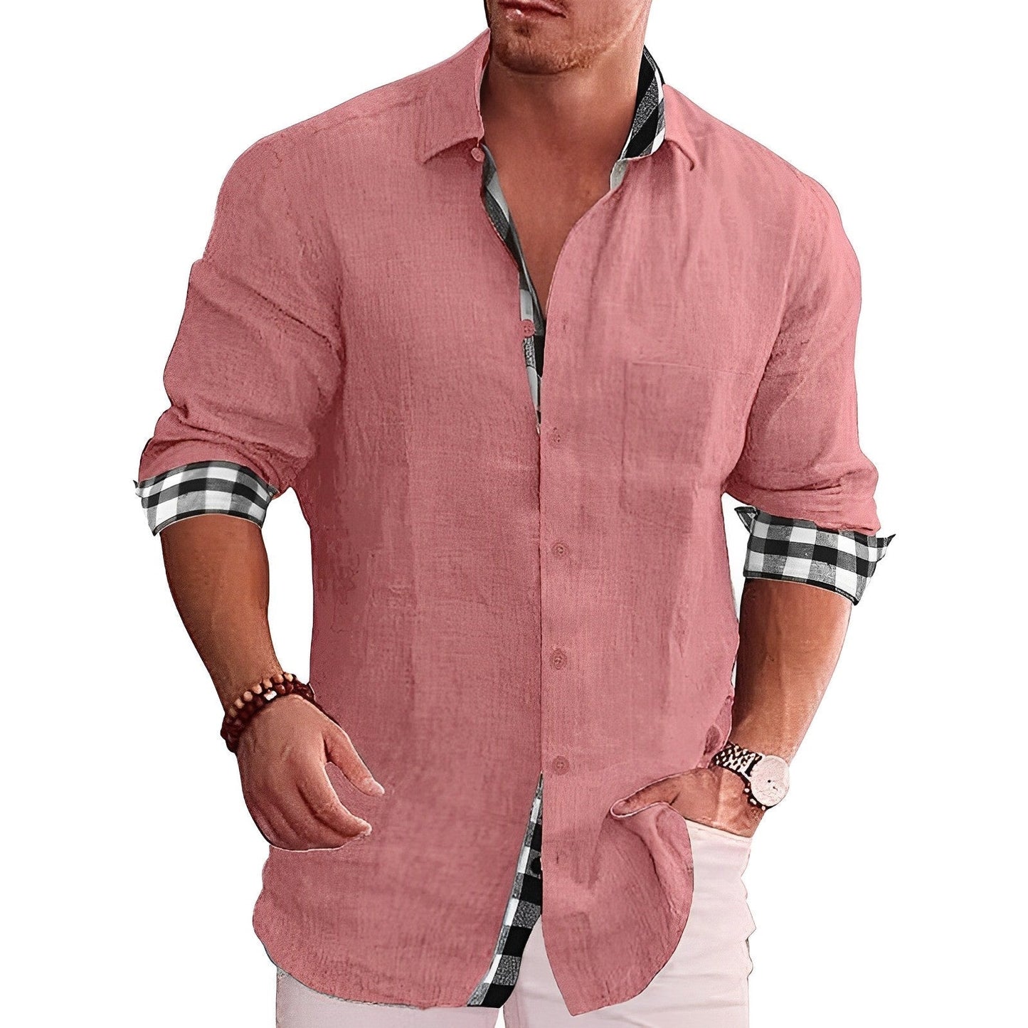 Zakenda | Chemise décontractée pour homme avec détails contrastés et manches roulées
