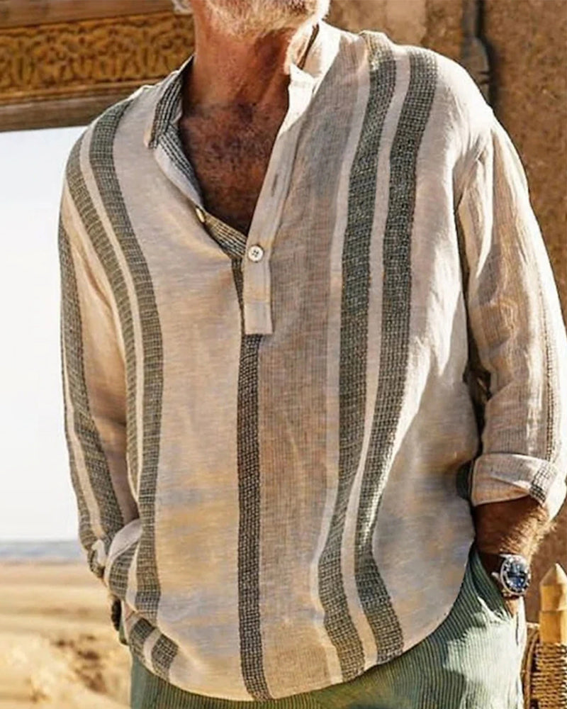Zakenda | Chemise à rayures en lin pour homme avec col grandad