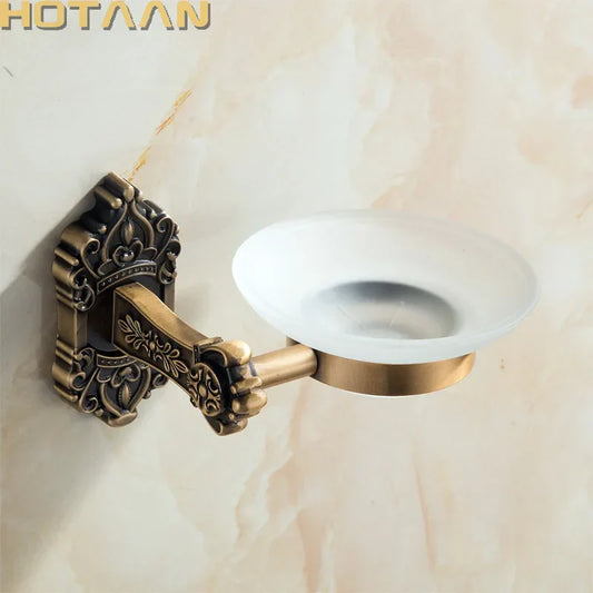 Antique Brass Bathroom Soap Dish Glass Holder - Wall Mounted Aluminum Bath Accessory