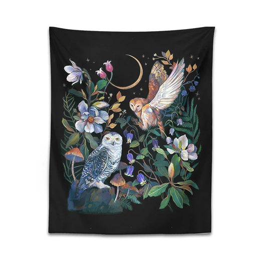 Owls Night Garden Tapestry Wall Hanging - Psychedelic Moon Magic Plant Flower Tapestries