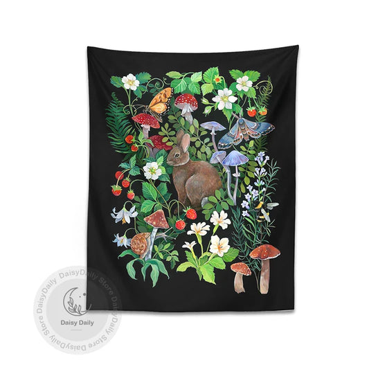 Rabbit Strawberry Garden Tapestry: Psychedelic Mushroom Flower Boho Wall Art