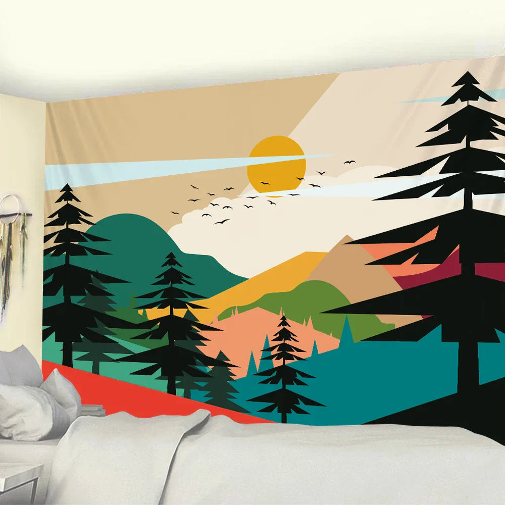 Nordic Mountains Sunrise Forest Tapestry: Boho Wall Decor for Home, Yoga, and More