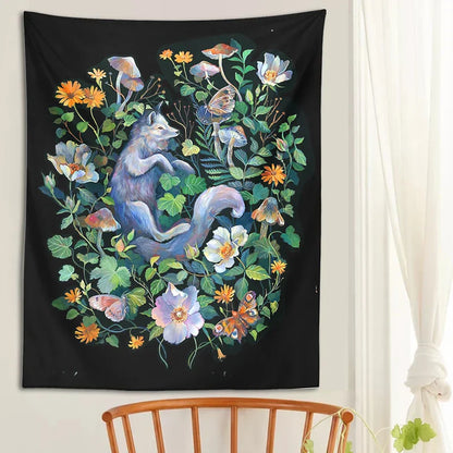 Botanical Floral Garden Tapestry Wall Hanging Fox Wildflower Hippie Psychedelic Home Decor