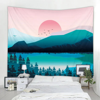 Nordic Mountains Sunrise Forest Tapestry: Boho Wall Decor for Home, Yoga, and More