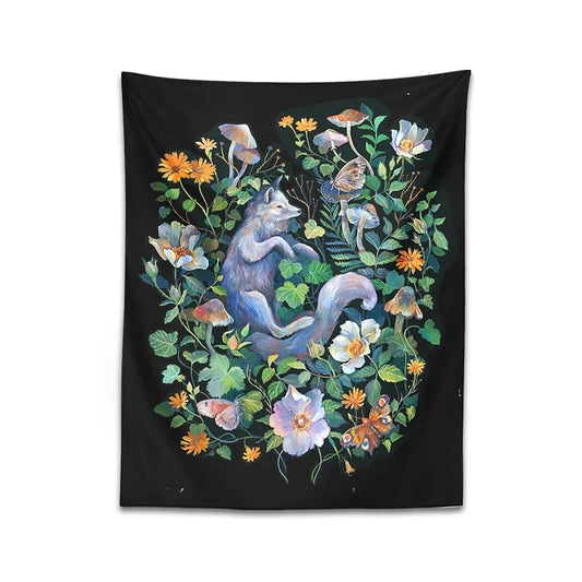 Botanical Floral Garden Tapestry Wall Hanging Fox Wildflower Hippie Psychedelic Home Decor