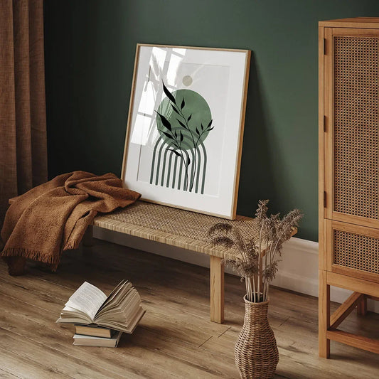 Bohemian Green Triptych Wall Art - Geometric Leaf Abstract Canvas Poster Prints