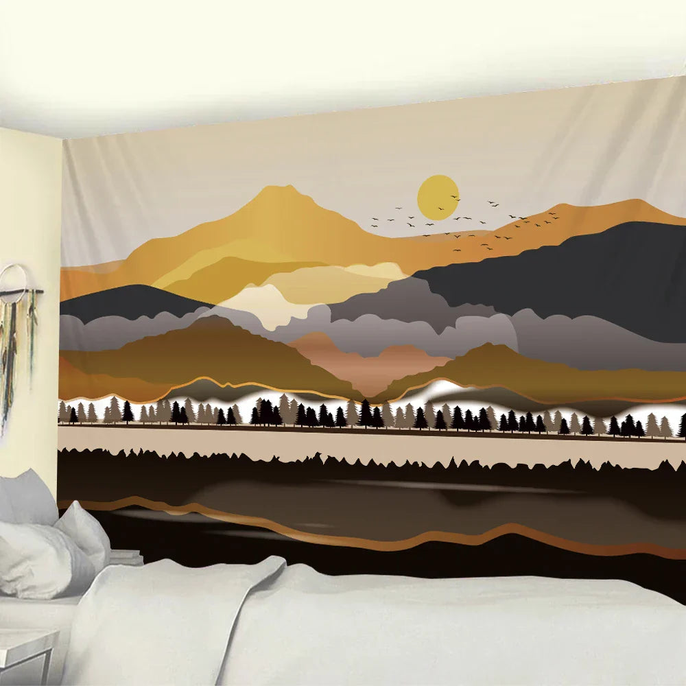 Nordic Mountains Sunrise Forest Tapestry: Boho Wall Decor for Home, Yoga, and More