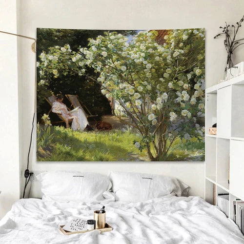 Rose Garden Tapestry Retro Oil Painting Wall Cloth for Bedroom Decor