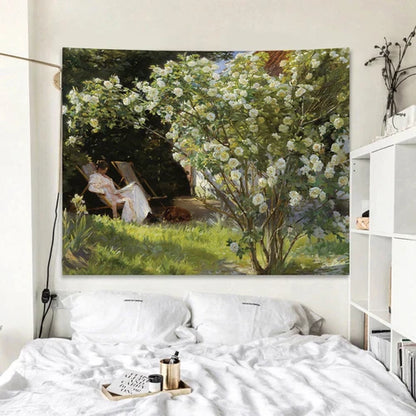 Rose Garden Tapestry Retro Oil Painting Wall Cloth for Bedroom Decor