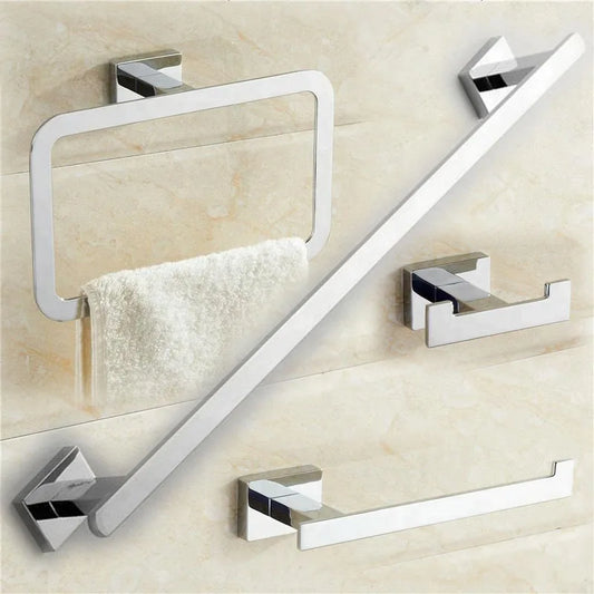 Gold Brass Bathroom Hardware 4-Piece Set: Towel Bar, Towel Ring, Toilet Paper Holder, Robe Hook