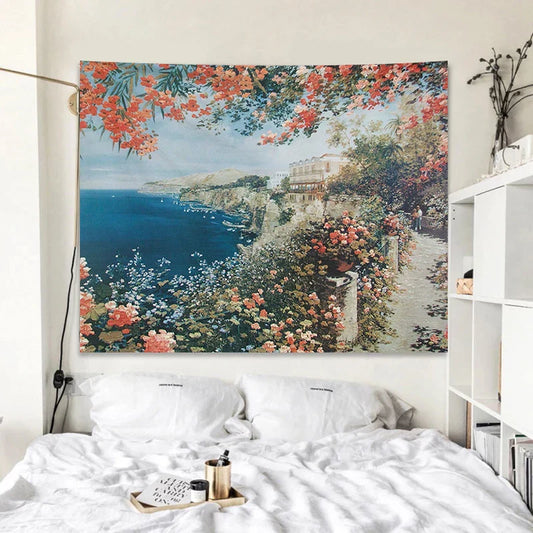 Rose Garden Tapestry Retro Oil Painting Wall Cloth for Bedroom Decor