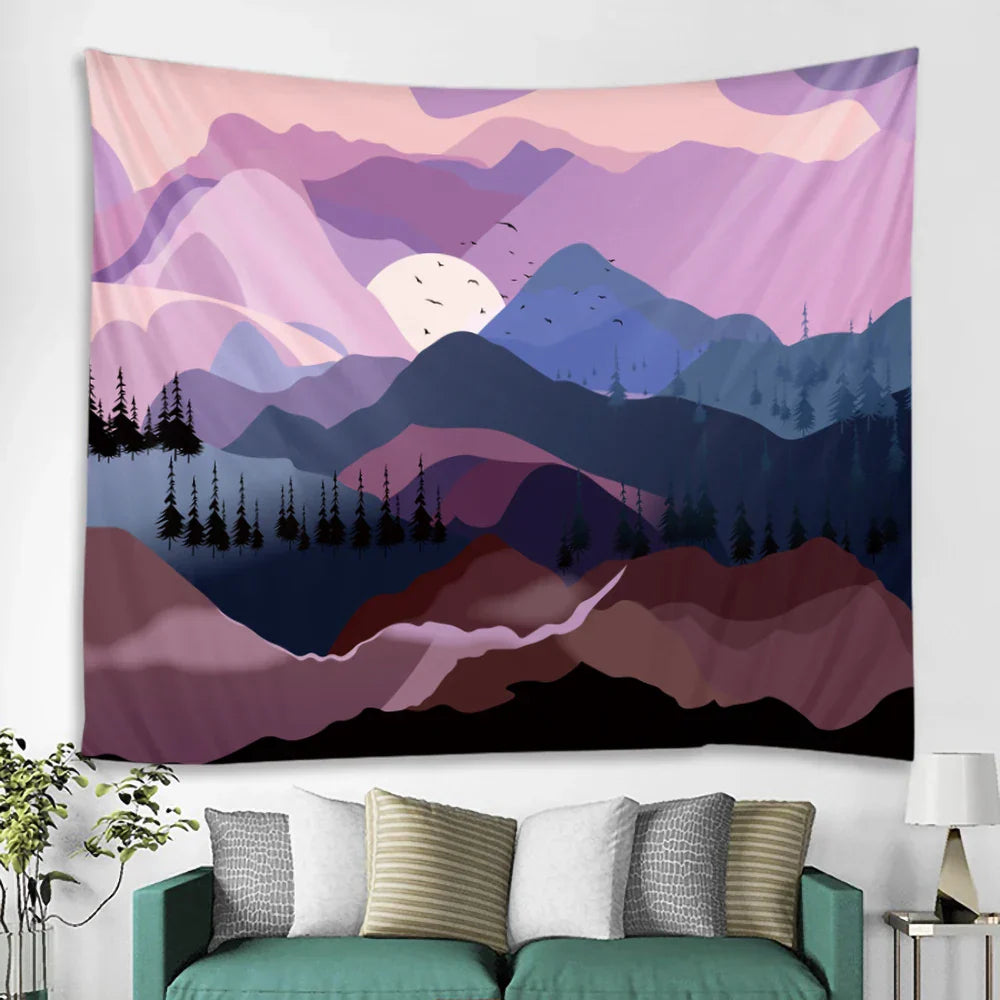 Nordic Mountains Sunrise Forest Tapestry: Boho Wall Decor for Home, Yoga, and More