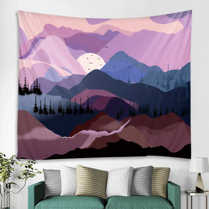 Nordic Mountains Sunrise Forest Tapestry: Boho Wall Decor for Home, Yoga, and More