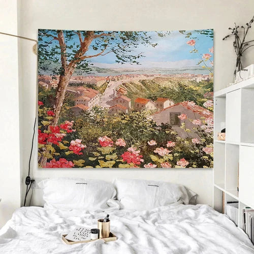 Rose Garden Tapestry Retro Oil Painting Wall Cloth for Bedroom Decor