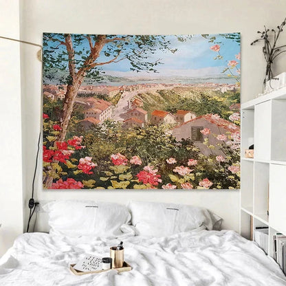 Rose Garden Tapestry Retro Oil Painting Wall Cloth for Bedroom Decor