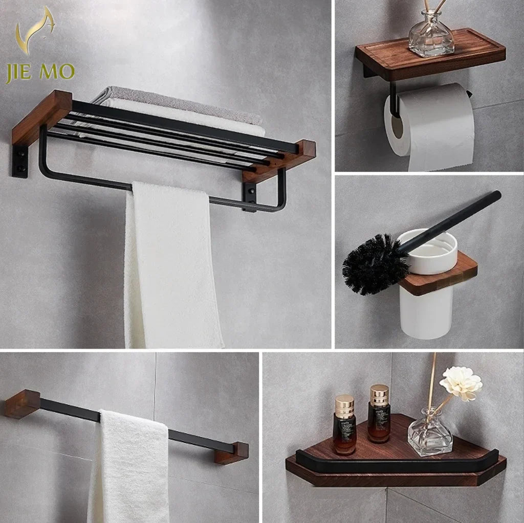 Black Walnut Bathroom Set: Towel Rack, Bar, Shelf, Toilet Paper Holder, Brush Stand