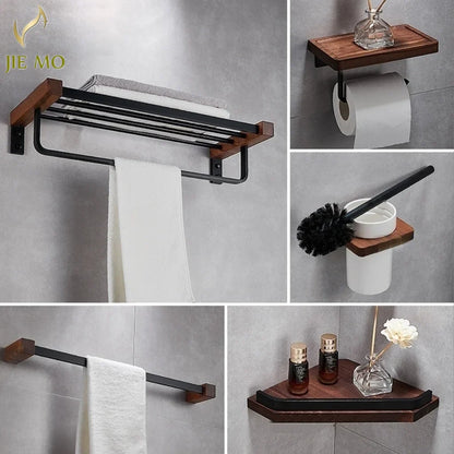 Black Walnut Bathroom Set: Towel Rack, Bar, Shelf, Toilet Paper Holder, Brush Stand