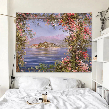 Rose Garden Tapestry Retro Oil Painting Wall Cloth for Bedroom Decor