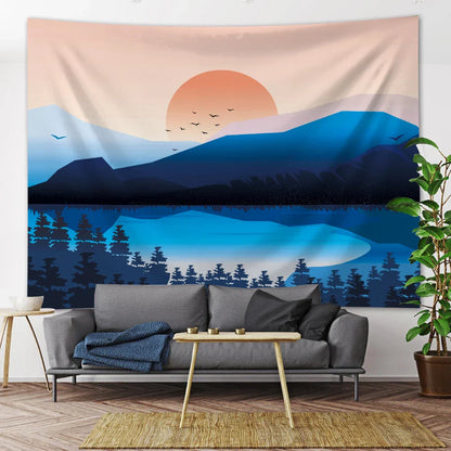 Nordic Mountains Sunrise Forest Tapestry: Boho Wall Decor for Home, Yoga, and More