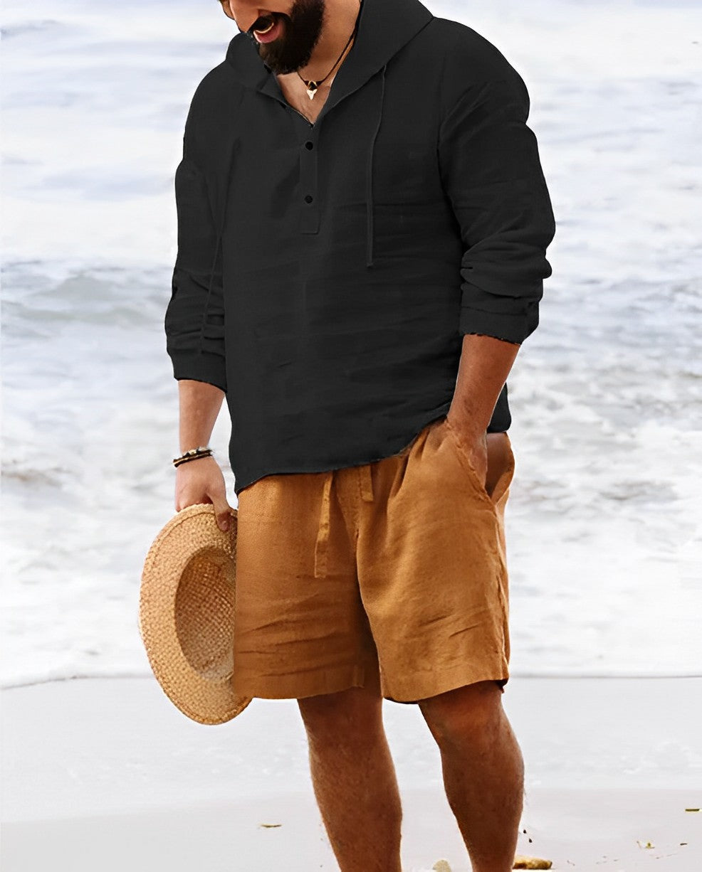 Zakenda | Chemise en lin pour homme avec col Henley et manches longues