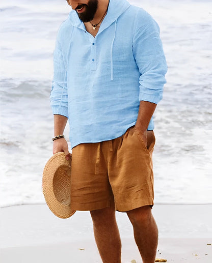 Zakenda | Chemise en lin pour homme avec col Henley et manches longues