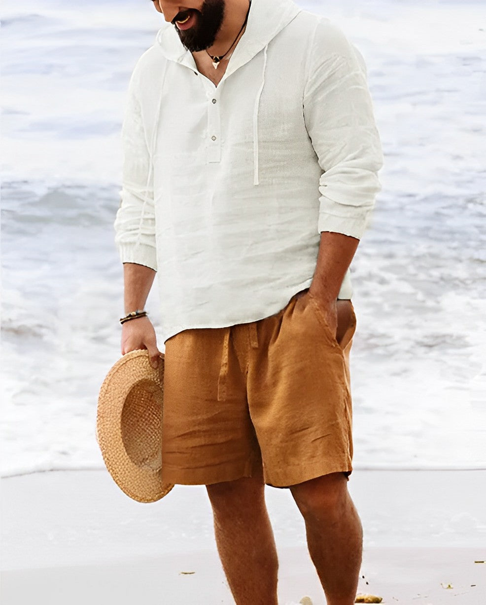 Zakenda | Chemise en lin pour homme avec col Henley et manches longues