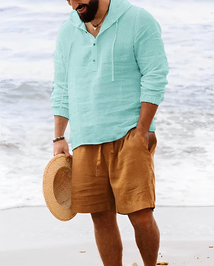 Zakenda | Chemise en lin pour homme avec col Henley et manches longues