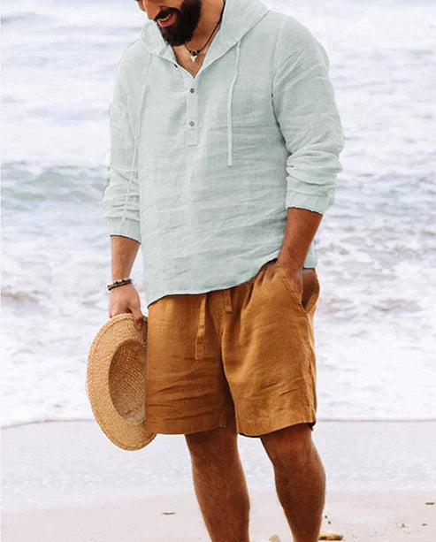 Zakenda | Chemise en lin pour homme avec col Henley et manches longues