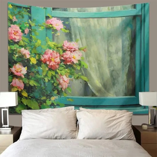 Rose Garden Tapestry Retro Oil Painting Wall Cloth for Bedroom Decor