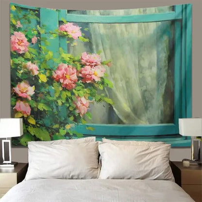 Rose Garden Tapestry Retro Oil Painting Wall Cloth for Bedroom Decor