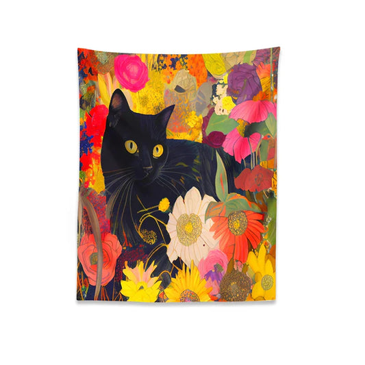 Cat Print Poster: Funny Black Cat in Floral Bouquet - Boho Home Decor
