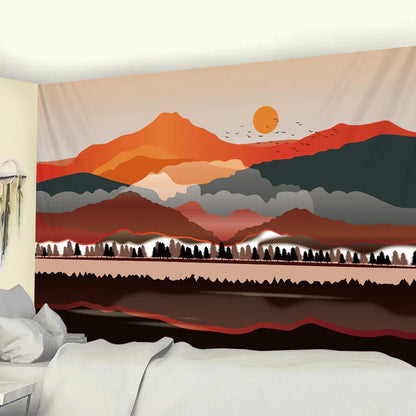 Nordic Mountains Sunrise Forest Tapestry: Boho Wall Decor for Home, Yoga, and More