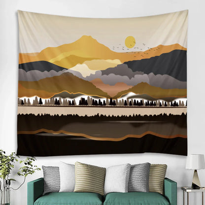 Nordic Mountains Sunrise Forest Tapestry: Boho Wall Decor for Home, Yoga, and More