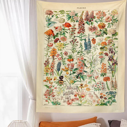 Botanical Floral Tapestry Wall Hanging Garden Flower Illustration Cactus Boho Hippie Dorm Decor