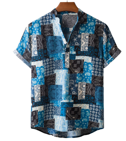 Zakenda | Chemise artistique en patchwork bleu