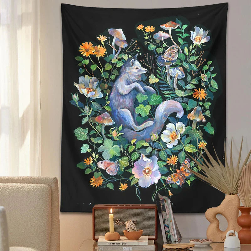 Botanical Floral Garden Tapestry Wall Hanging Fox Wildflower Hippie Psychedelic Home Decor
