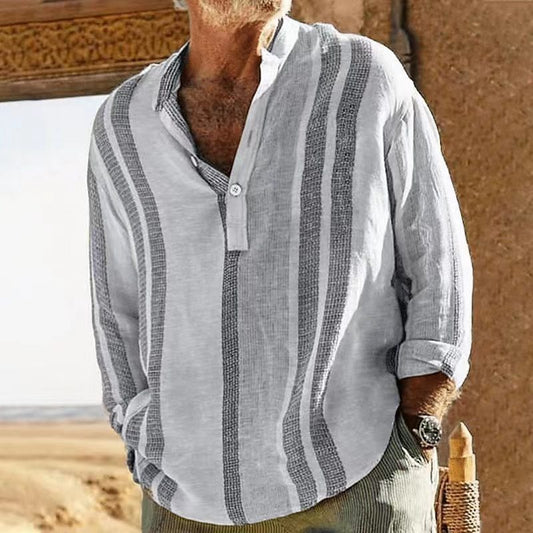 Zakenda | Chemise à rayures en lin pour homme avec col grandad